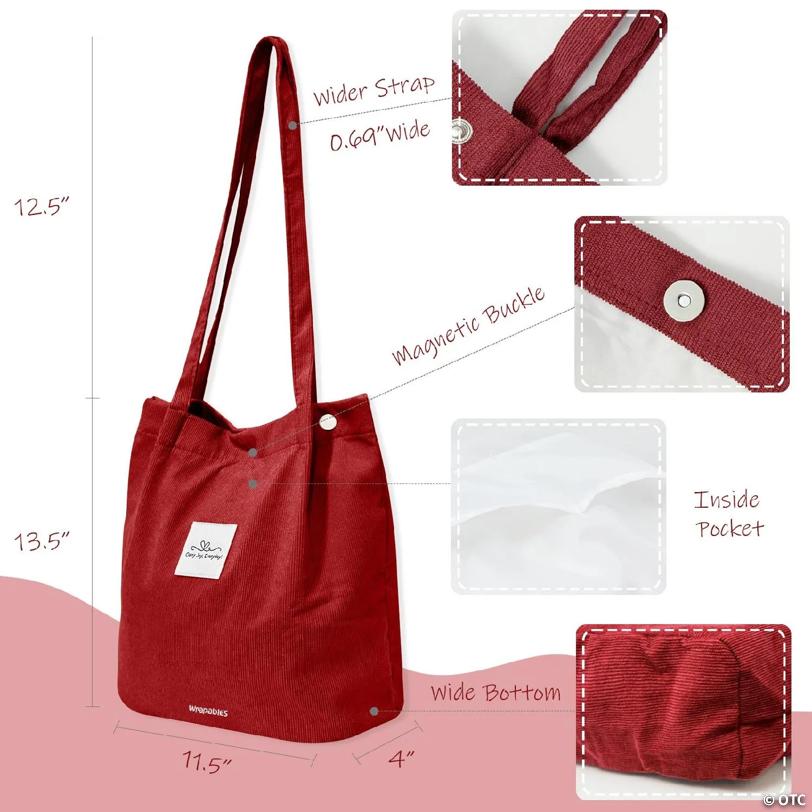 Wrapables Carry Joy Corduroy Tote Bag, Casual Shoulder Handbag, Red