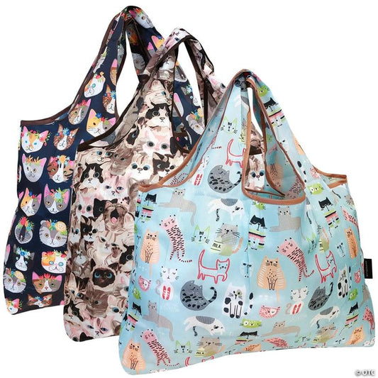 Wrapables Eco-Friendly Large Nylon Reusable Shopping Bags (Set of 3), Cat Lovers