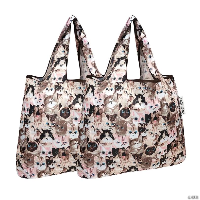 Wrapables Foldable Tote Nylon Reusable Grocery Bag (Set of 2), Cuddly Kitties