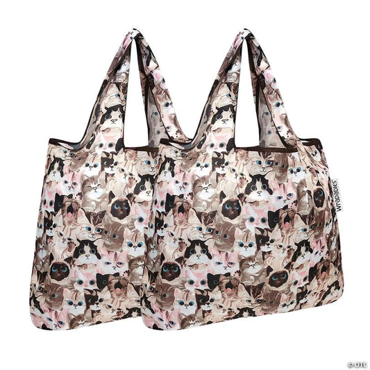 Wrapables Foldable Tote Nylon Reusable Grocery Bag (Set of 2), Cuddly Kitties