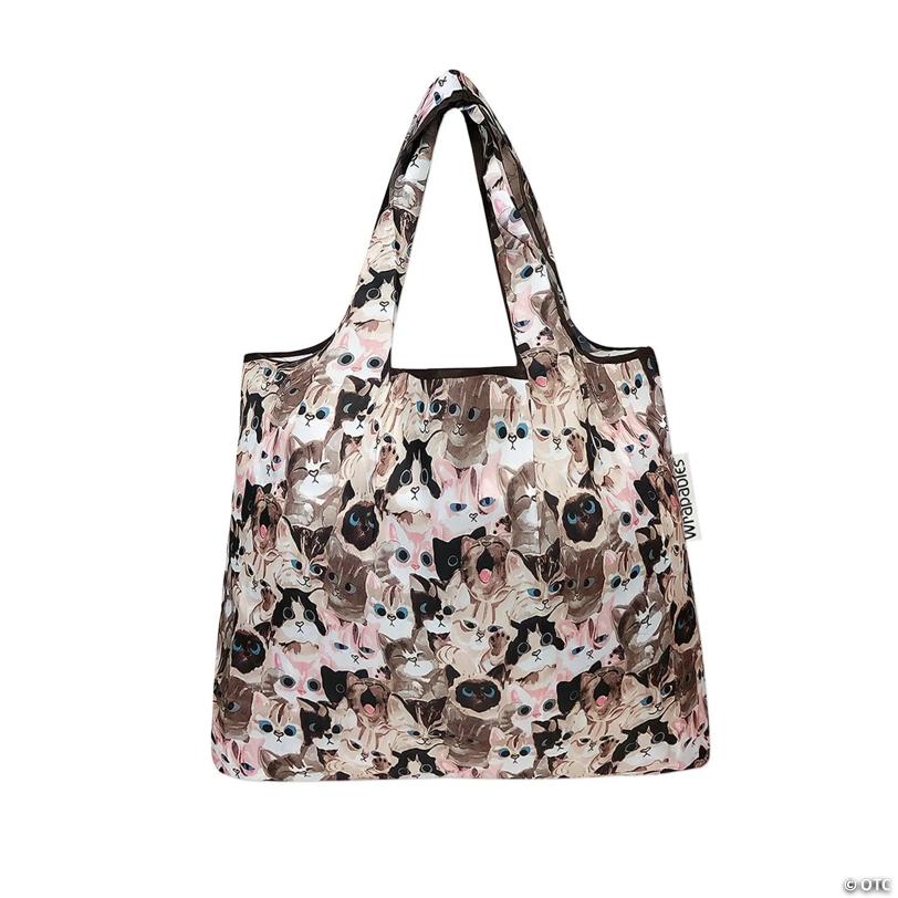 Wrapables Foldable Tote Nylon Reusable Grocery Bag (Set of 2), Cuddly Kitties