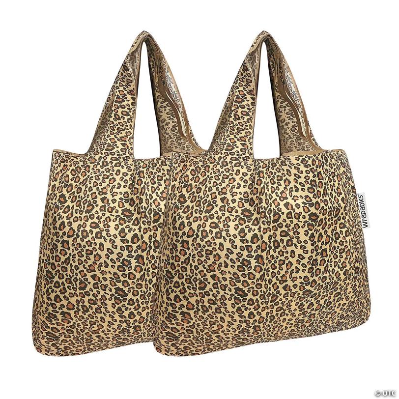 Wrapables Foldable Tote Nylon Reusable Grocery Bag (Set of 2), Leopard Print
