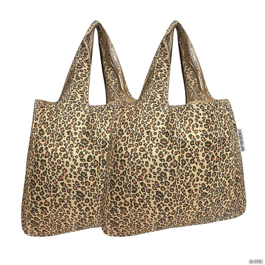 Wrapables Foldable Tote Nylon Reusable Grocery Bag (Set of 2), Leopard Print