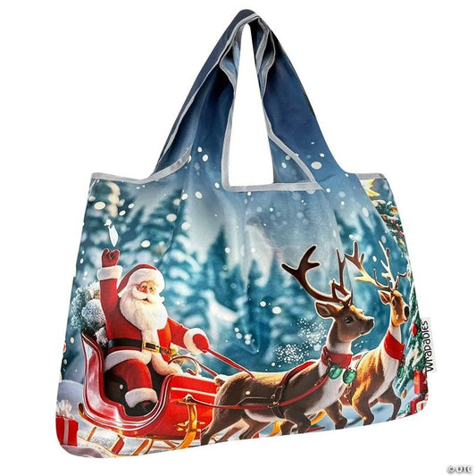 Wrapables Large Foldable Christmas Holiday Nylon Reusable Grocery Bag, Sleigh Ride