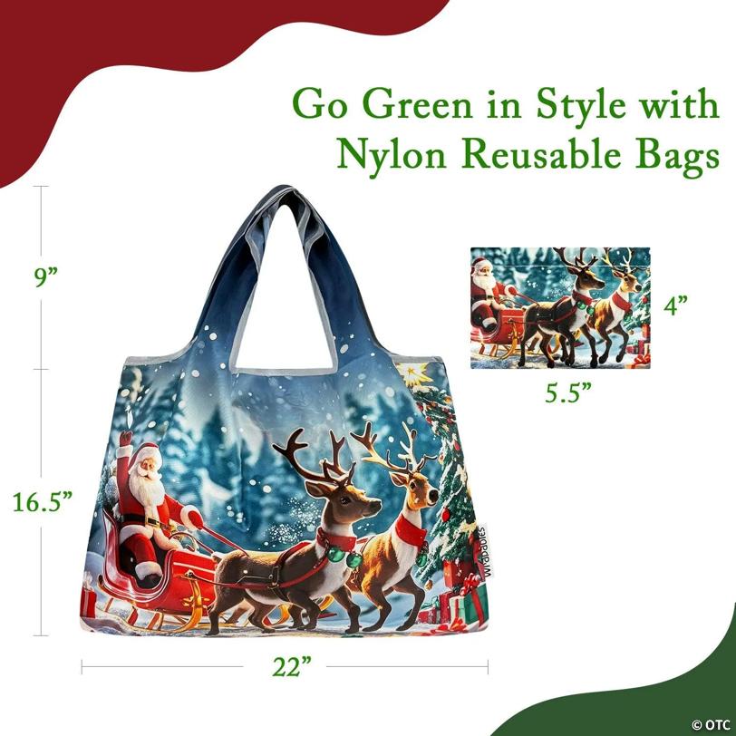 Wrapables Large Foldable Christmas Holiday Nylon Reusable Grocery Bag, Sleigh Ride