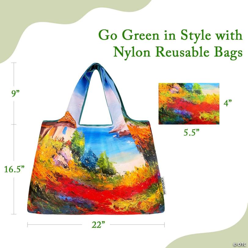 Wrapables Large Foldable Oil Painting Nylon Reusable Grocery Bag, Beachside