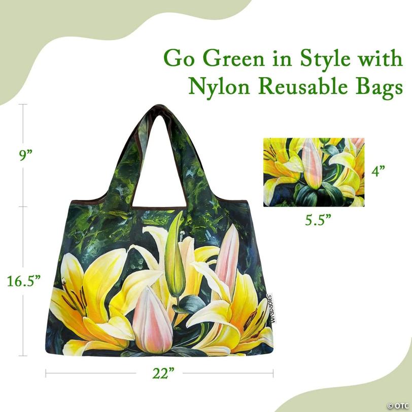 Wrapables Large Foldable Oil Painting Nylon Reusable Grocery Bag, Lilies