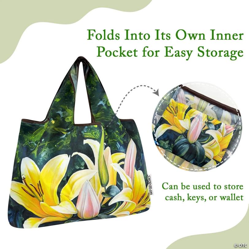 Wrapables Large Foldable Oil Painting Nylon Reusable Grocery Bag, Lilies