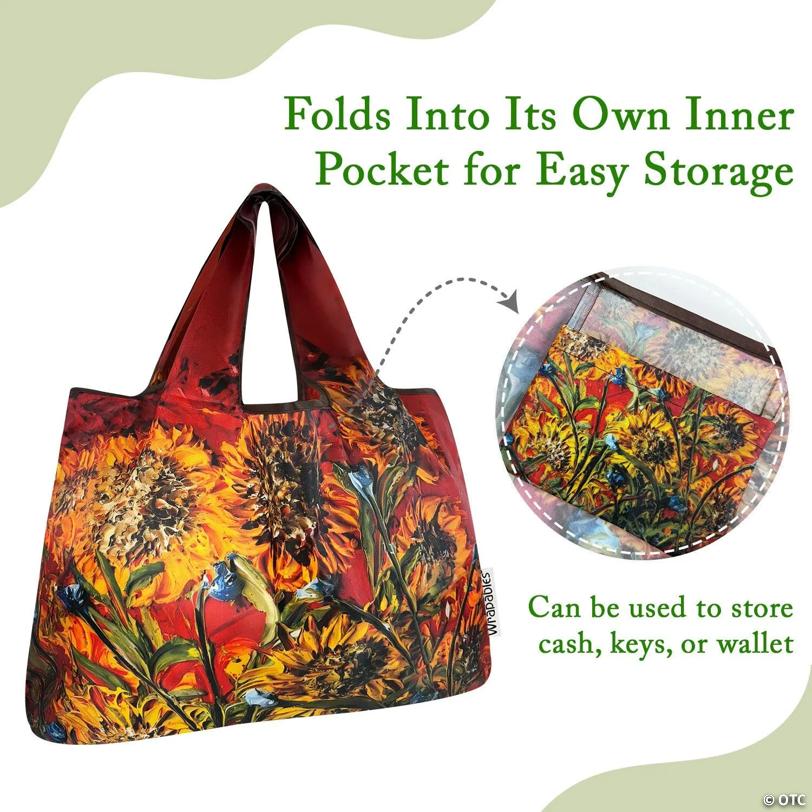 Wrapables Large Foldable Oil Painting Nylon Reusable Grocery Bag, Sunflowers