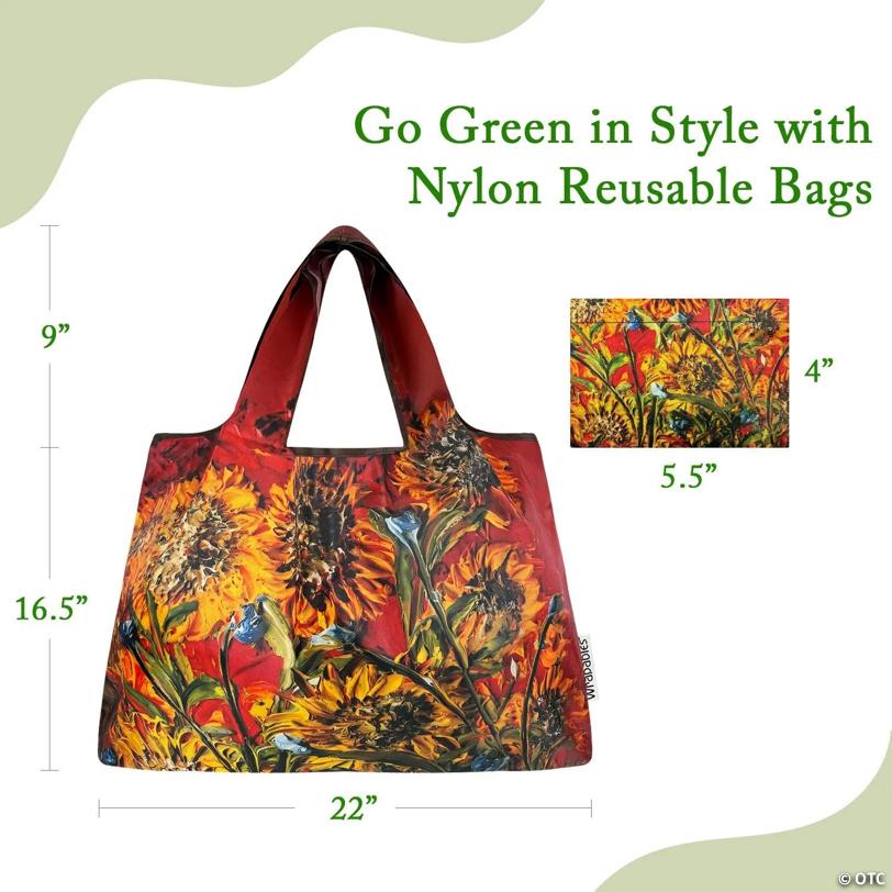 Wrapables Large Foldable Oil Painting Nylon Reusable Grocery Bag, Sunflowers