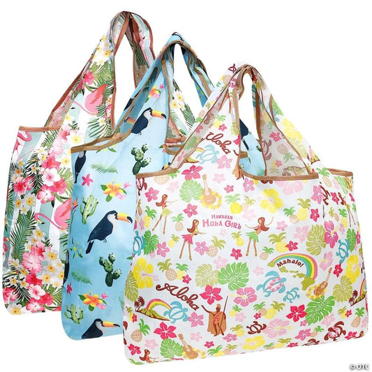 Wrapables Large Foldable Tote Nylon Reusable Grocery Bag, 3 Pack, Aloha