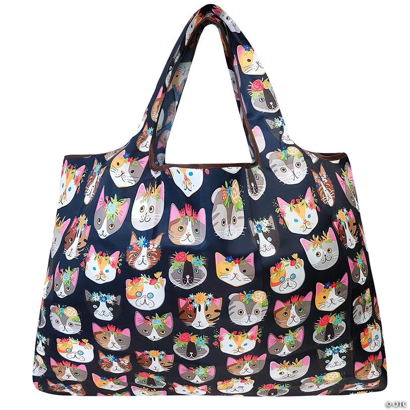 Wrapables Large Foldable Tote Nylon Reusable Grocery Bag, Crazy Cats
