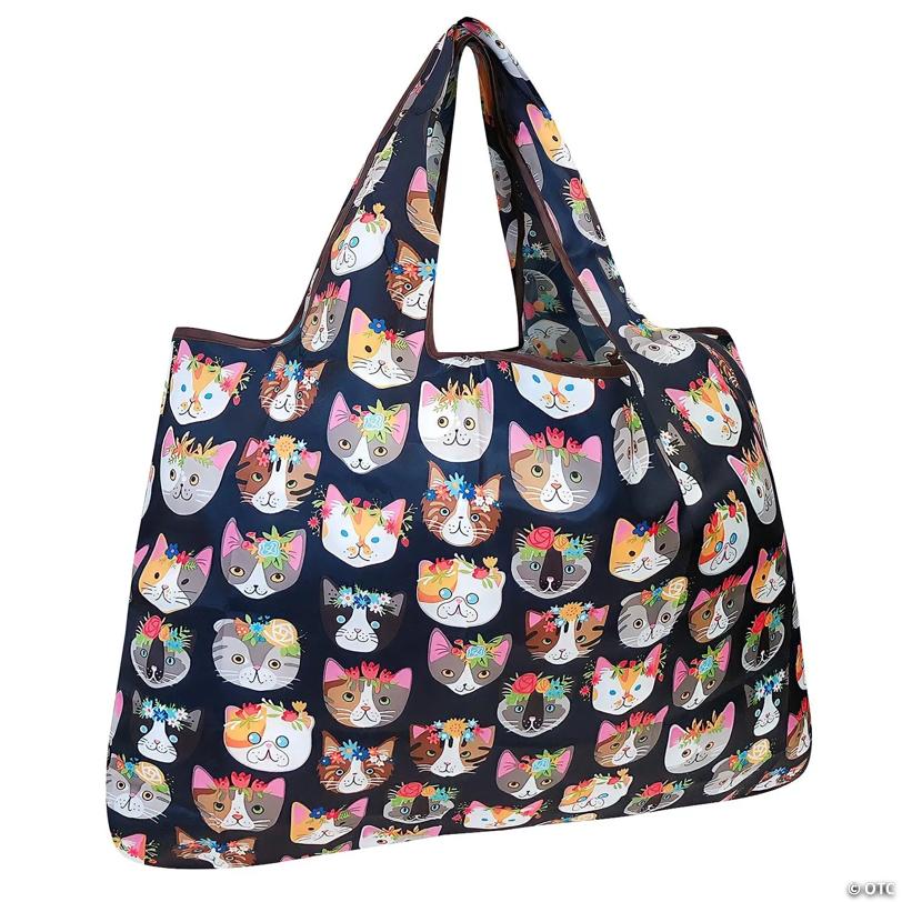 Wrapables Large Foldable Tote Nylon Reusable Grocery Bag, Crazy Cats