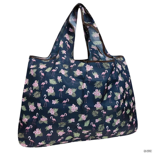 Wrapables Large Foldable Tote Nylon Reusable Grocery Bag, Flamingos