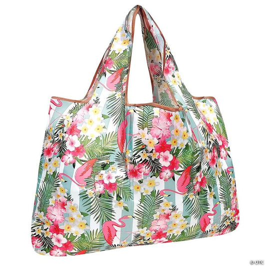 Wrapables Large Foldable Tote Nylon Reusable Grocery Bag, Flamingos & Tropical Flowers