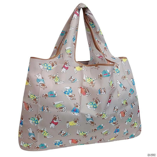 Wrapables Large Foldable Tote Nylon Reusable Grocery Bag, Gray French Bulldogs