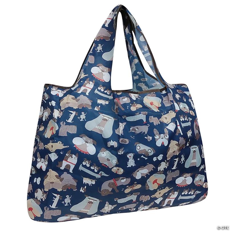 Wrapables Large Foldable Tote Nylon Reusable Grocery Bag, Navy Dogs