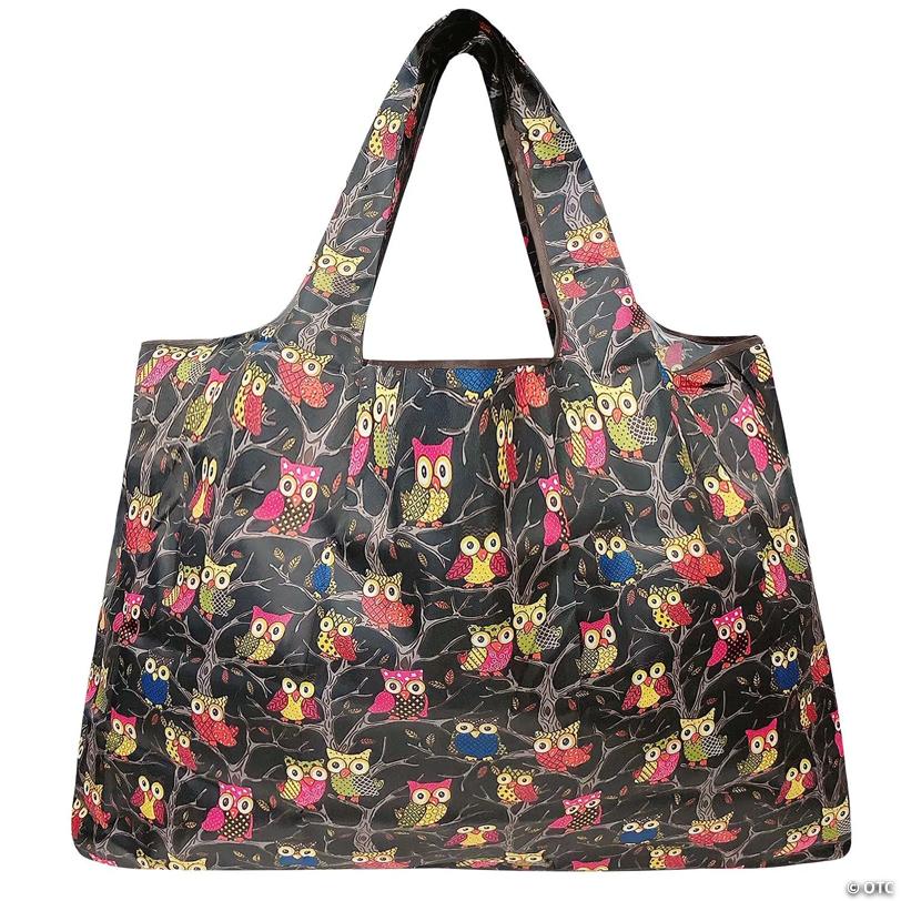 Wrapables Large Foldable Tote Nylon Reusable Grocery Bag, Owls