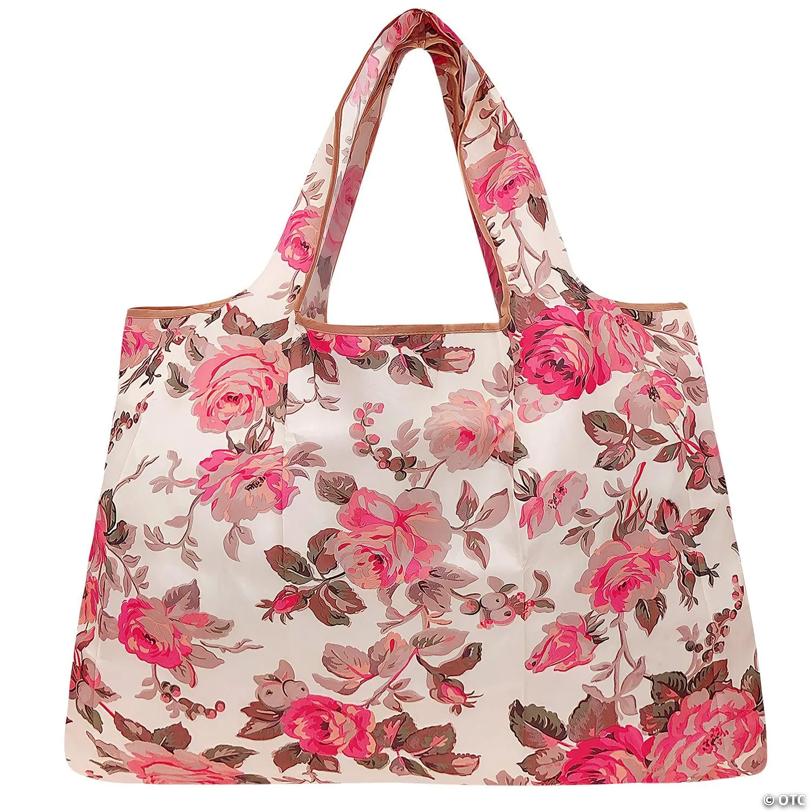 Wrapables Large Foldable Tote Nylon Reusable Grocery Bag, Pink & Khaki Roses