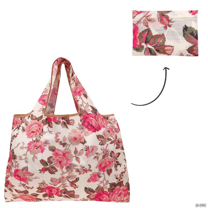 Wrapables Large Foldable Tote Nylon Reusable Grocery Bag, Pink & Khaki Roses
