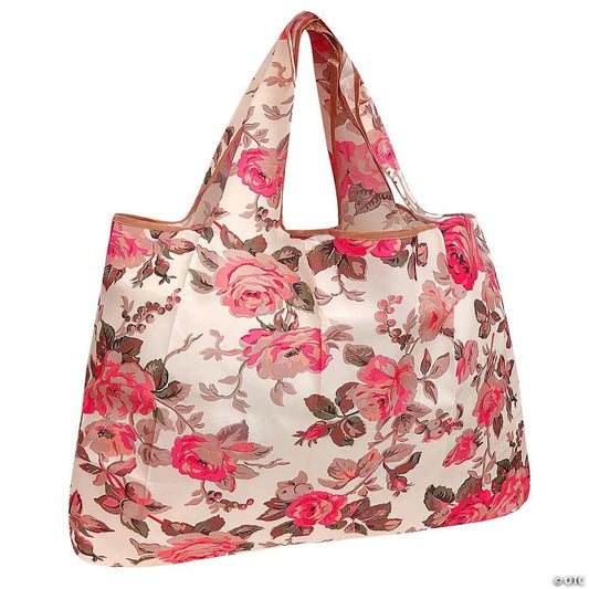 Wrapables Large Foldable Tote Nylon Reusable Grocery Bag, Pink & Khaki Roses
