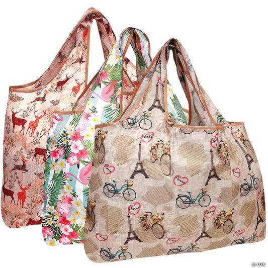 Wrapables Large Foldable Tote Nylon Reusable Grocery Bags, 3 Pack, Flamingos, Deer, Paris