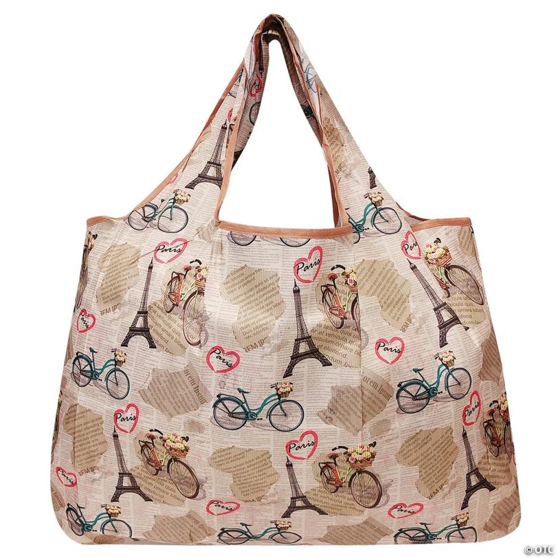 Wrapables Large Foldable Tote Nylon Reusable Grocery Bags, 3 Pack, Flamingos, Deer, Paris