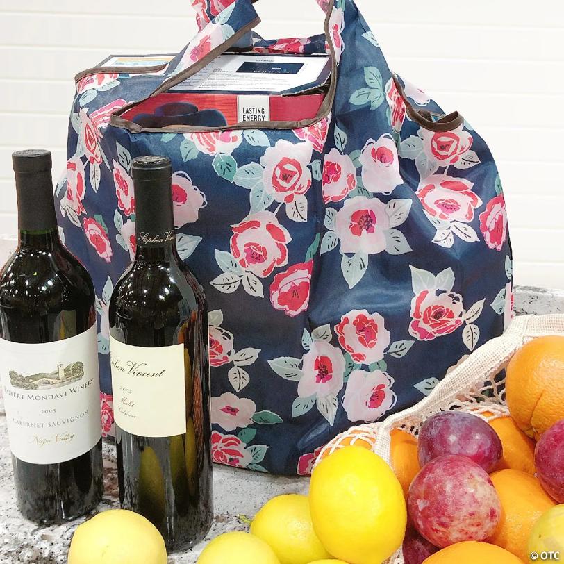 Wrapables Large Foldable Tote Nylon Reusable Grocery Bags, 5 Pack, Assorted Floral