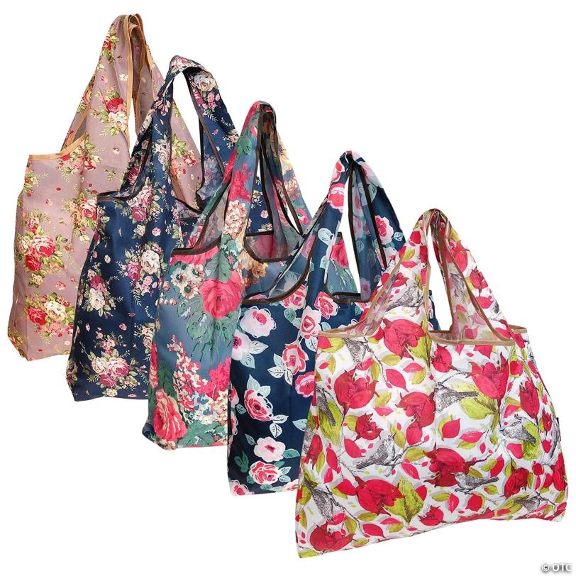 Wrapables Large Foldable Tote Nylon Reusable Grocery Bags, 5 Pack, Assorted Floral