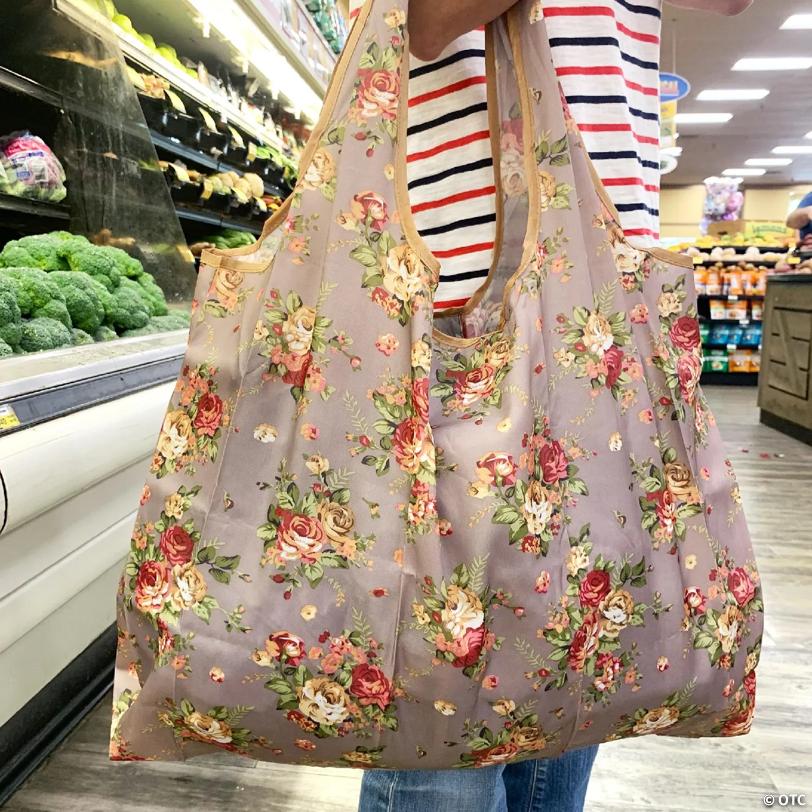 Wrapables Large Foldable Tote Nylon Reusable Grocery Bags, 5 Pack, Assorted Floral