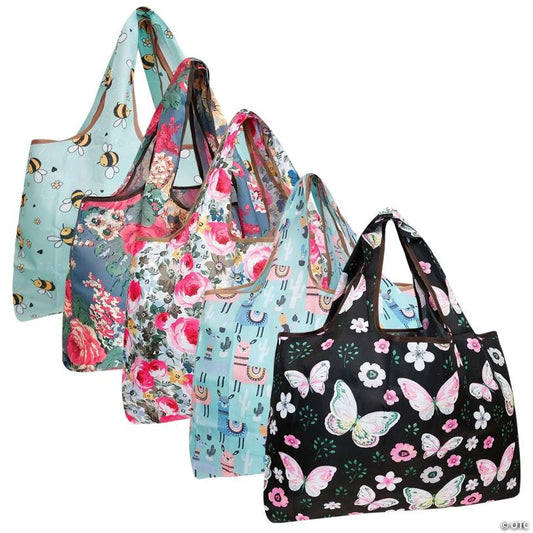 Wrapables Large Foldable Tote Nylon Reusable Grocery Bags, 5 Pack, Llamas in Springtime