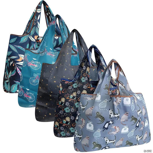 Wrapables Large Foldable Tote Nylon Reusable Grocery Bags, 5 Pack, Nighttime Adventures