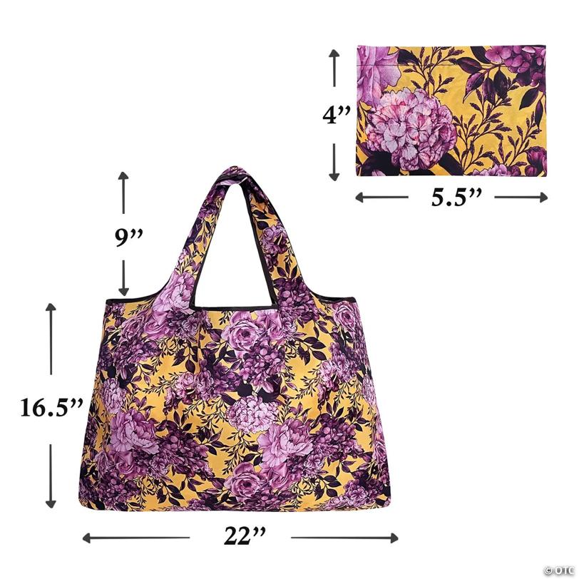 Wrapables Large Foldable Tote Nylon Reusable Grocery Bags, 5 Pack, Pink & Purple Bouquet