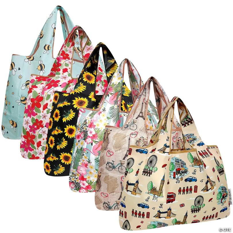 Wrapables Large Foldable Tote Nylon Reusable Grocery Bags, 6 Pack, Botanical Serenity