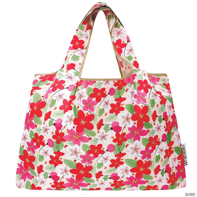 Wrapables Large Foldable Tote Nylon Reusable Grocery Bags, 6 Pack, Botanical Serenity