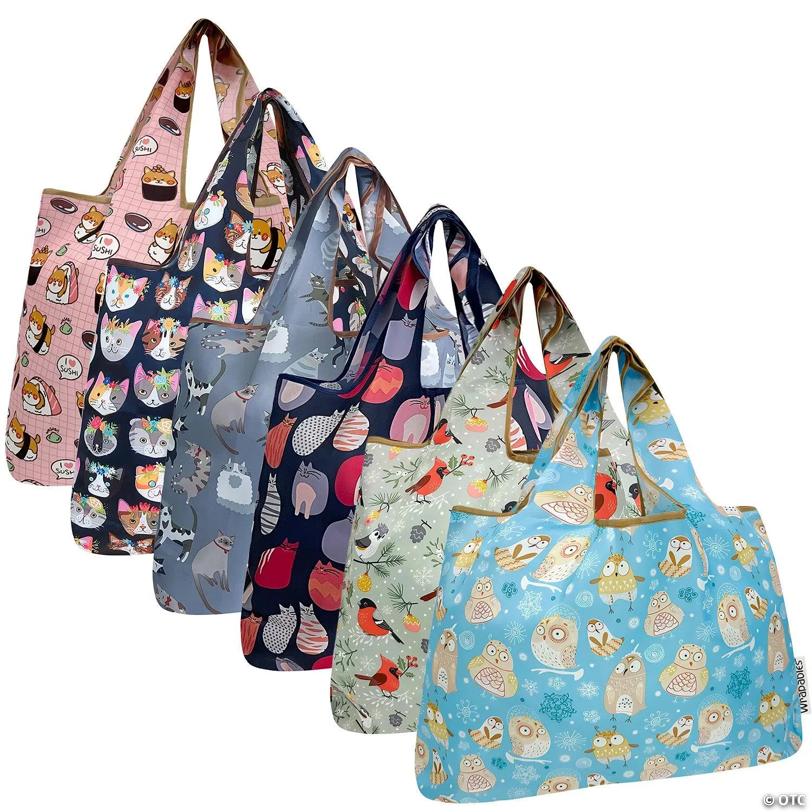 Wrapables Large Foldable Tote Nylon Reusable Grocery Bags, 6 Pack, Cozy Critters