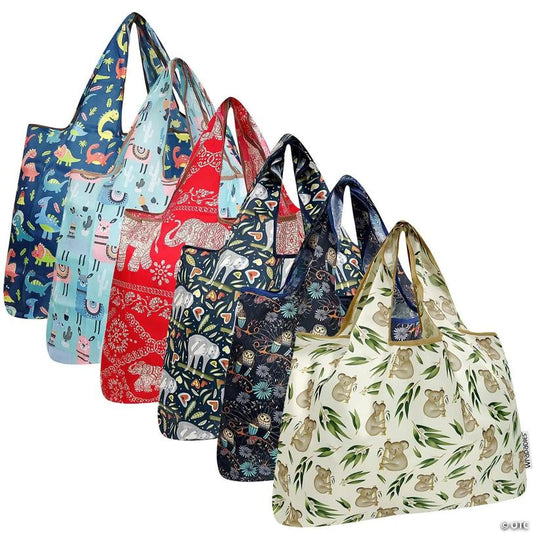 Wrapables Large Foldable Tote Nylon Reusable Grocery Bags, 6 Pack, Natures Harmony