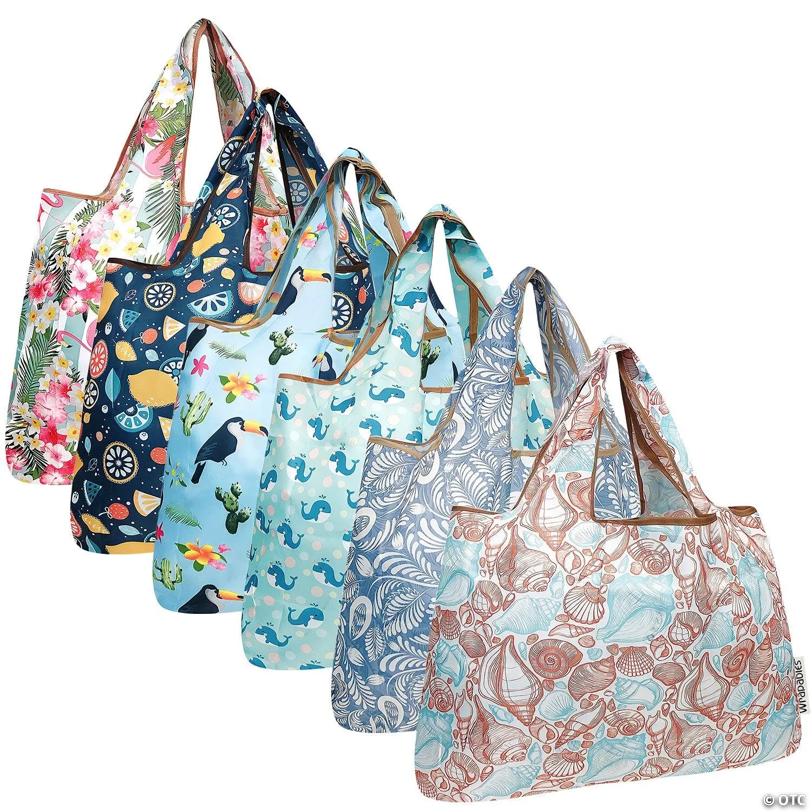 Wrapables Large Foldable Tote Nylon Reusable Grocery Bags, 6 Pack, Travel Adventures