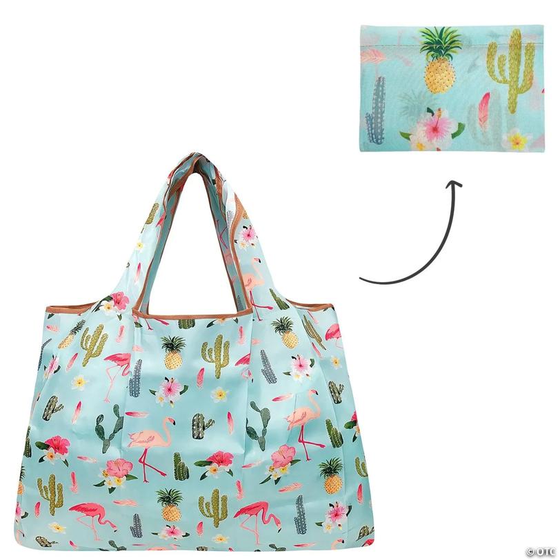 Wrapables Large Foldable Tote Nylon Reusable Grocery Bags, 6 Pack, Tropical Botanical
