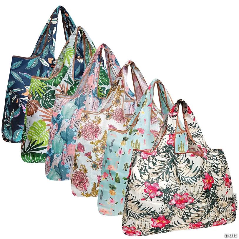 Wrapables Large Foldable Tote Nylon Reusable Grocery Bags, 6 Pack, Tropical Botanical