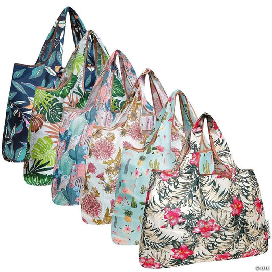Wrapables Large Foldable Tote Nylon Reusable Grocery Bags, 6 Pack, Tropical Botanical