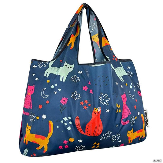 Wrapables Large Foldable Tote Nylon Reusable Grocery Bags, Cute Kitties on Blue