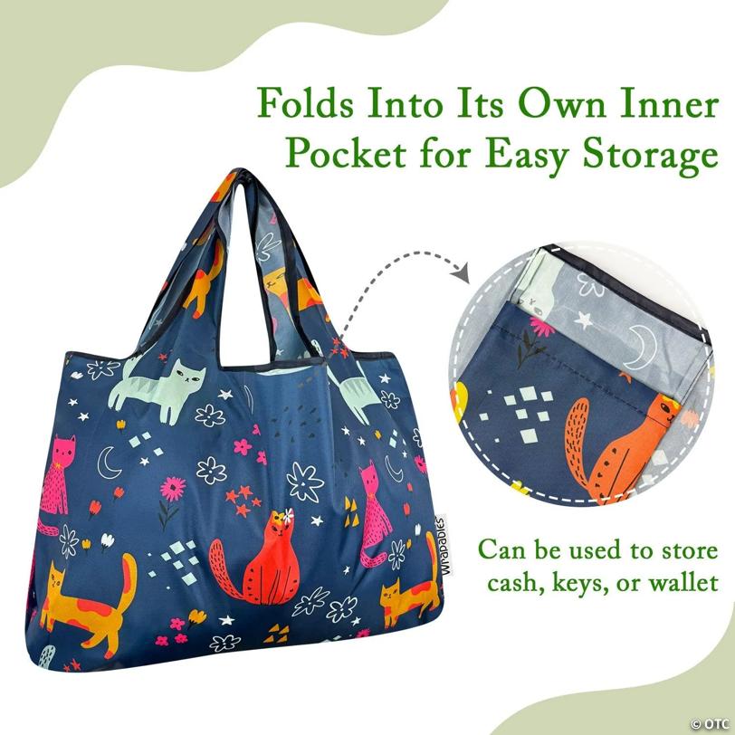 Wrapables Large Foldable Tote Nylon Reusable Grocery Bags, Cute Kitties on Blue