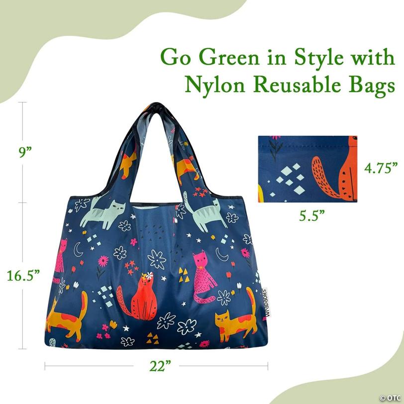 Wrapables Large Foldable Tote Nylon Reusable Grocery Bags, Cute Kitties on Blue