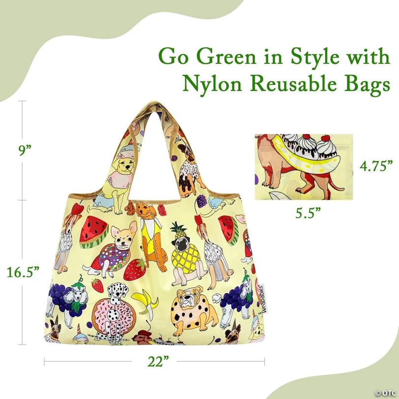 Wrapables Large Foldable Tote Nylon Reusable Grocery Bags, Dessert Dogs