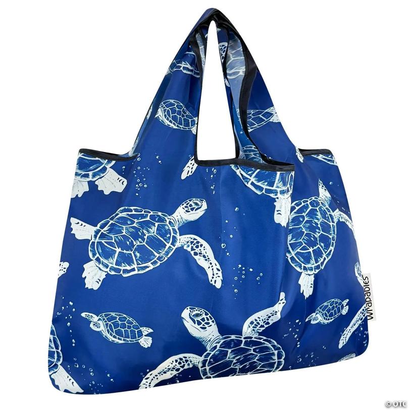 Wrapables Large Foldable Tote Nylon Reusable Grocery Bags, Marine Turtles