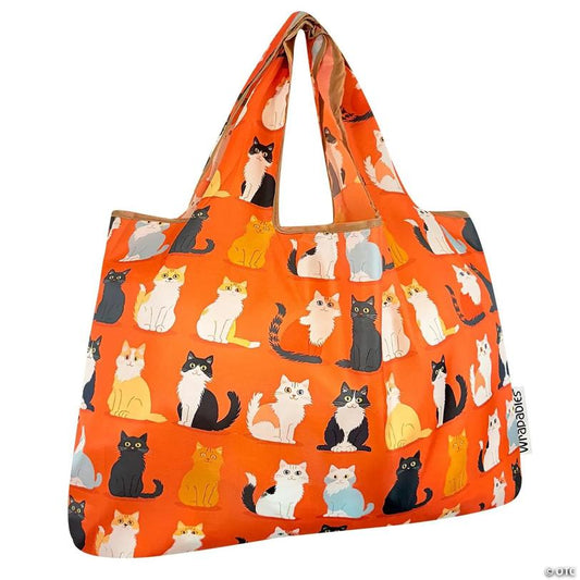 Wrapables Large Foldable Tote Nylon Reusable Grocery Bags, Orange Kitties