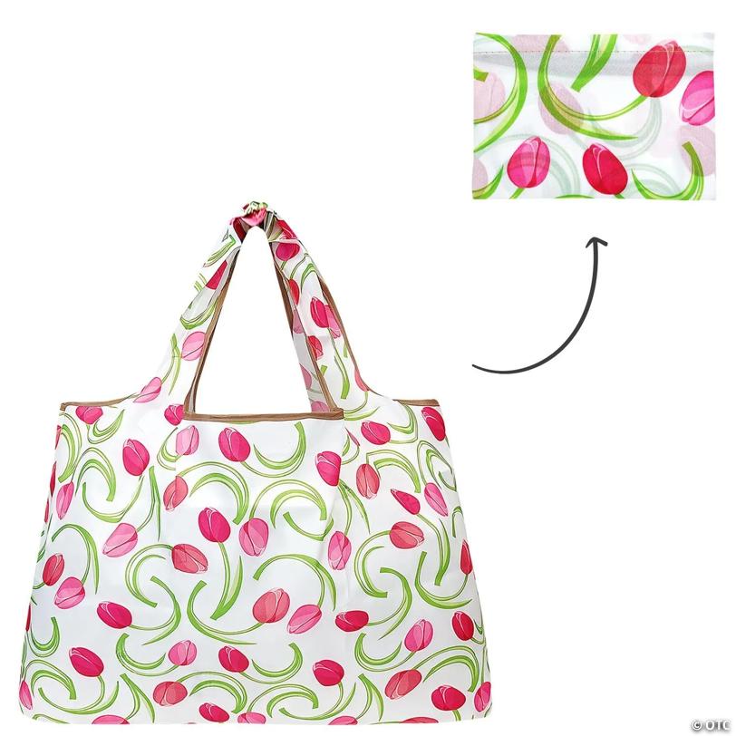 Wrapables Large Foldable Tote Nylon Reusable Grocery Bags, Pink Tulips