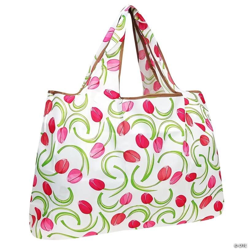 Wrapables Large Foldable Tote Nylon Reusable Grocery Bags, Pink Tulips
