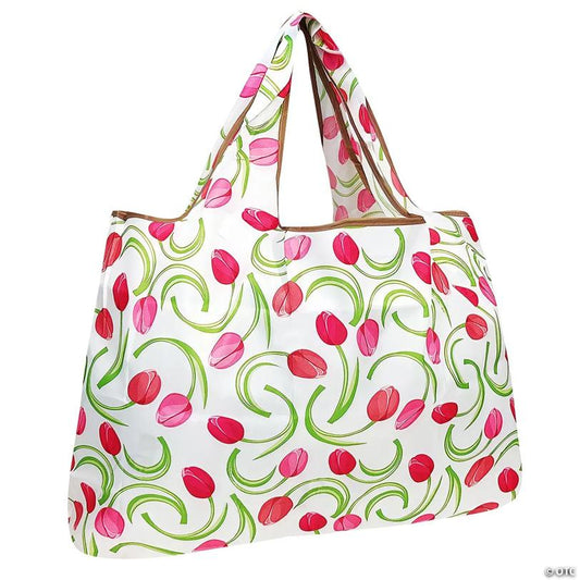 Wrapables Large Foldable Tote Nylon Reusable Grocery Bags, Pink Tulips